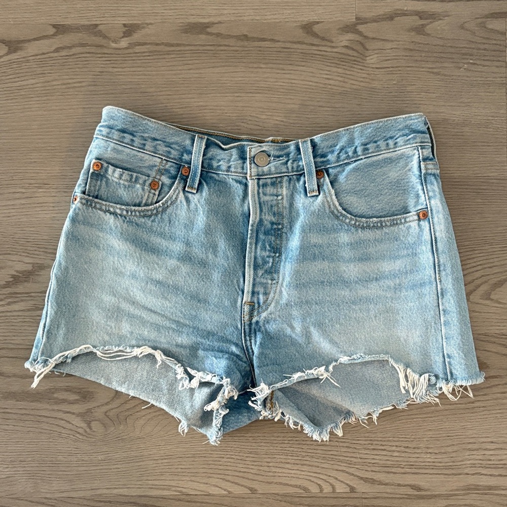 Levi's 501 Light Blue Frayed Hem Jean Shorts